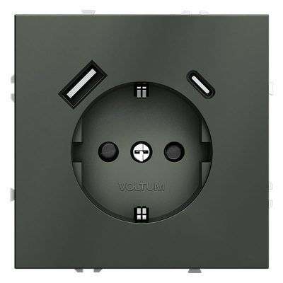 Розетка встраиваемая VOLTUM S70 с заземлением и защитными шторками, 16А, с USB, A+С, (титан)