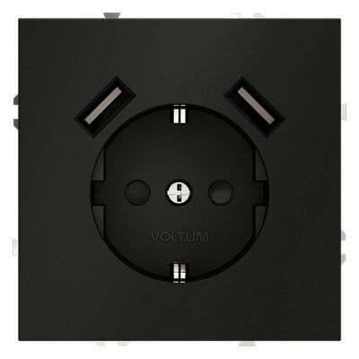 Розетка встраиваемая VOLTUM S70 с заземлением и защитными шторками, 16А, с USB, A+A, (черный матовый