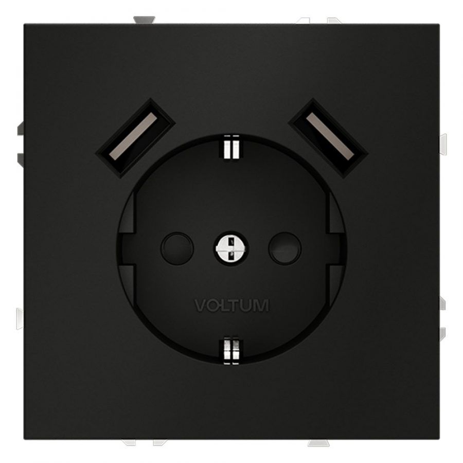 Розетка встраиваемая VOLTUM S70 с заземлением и защитными шторками, 16А, с USB, A+A, (черный матовый