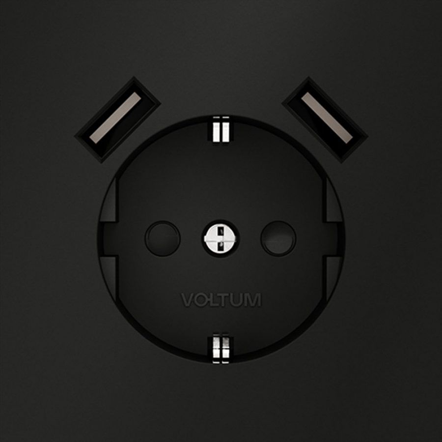 Розетка встраиваемая VOLTUM S70 с заземлением и защитными шторками, 16А, с USB, A+A, (черный матовый