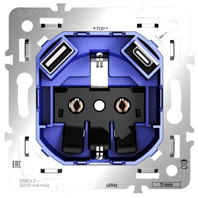 Механизм розетки с заземлением и защитными шторками 16А, с USB A+C, S70