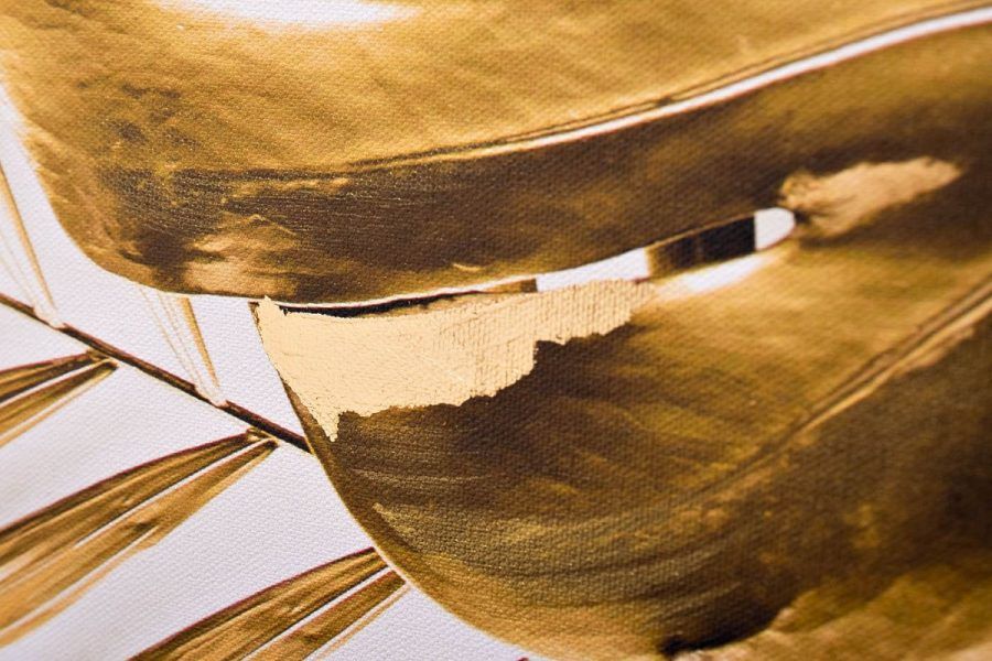 89VOR-MONSTERA GOLDEN-1 Холст "Золотые листья монстеры-1" 100х70 см, багет( латунь),поталь
