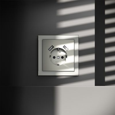 Накладка для розетки с заземлением и защитными шторками, с USB A+A, S70 (сталь)