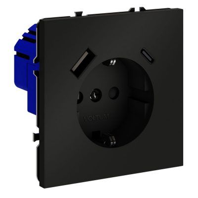Розетка встраиваемая VOLTUM S70 с заземлением и защитными шторками, 16А, с USB, A+С, (черный матовый