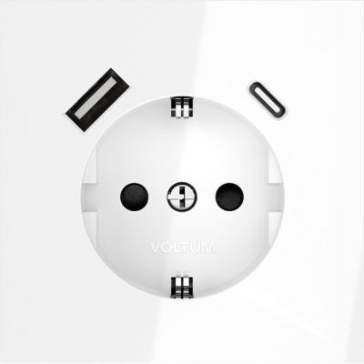 Розетка встраиваемая VOLTUM S70 с заземлением и защитными шторками, 16А, с USB, A+С, (белый глянцевы