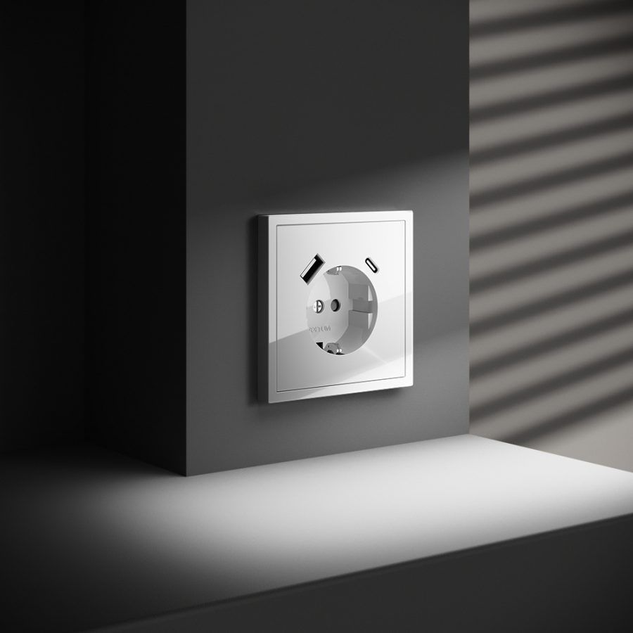 Накладка для розетки с заземлением и защитными шторками, с USB A+C, S70 (белый глянцевый)