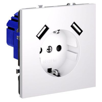 Розетка встраиваемая VOLTUM S70 с заземлением и защитными шторками, 16А, с USB, A+A, (белый матовый)