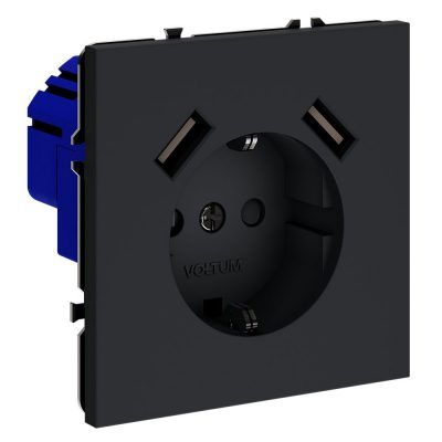 Розетка встраиваемая VOLTUM S70 с заземлением и защитными шторками, 16А, с USB, A+A, (графит)