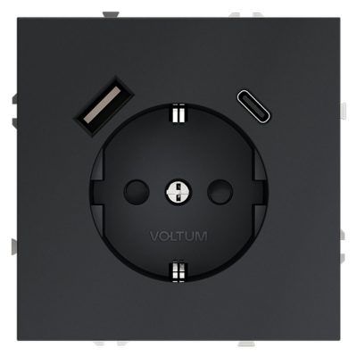 Розетка встраиваемая VOLTUM S70 с заземлением и защитными шторками, 16А, с USB, A+С, (графит)