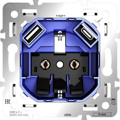 Механизм розетки с заземлением и защитными шторками 16А, с USB A+C, S70