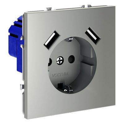 Розетка встраиваемая VOLTUM S70 с заземлением и защитными шторками, 16А, с USB, A+A, (сталь)